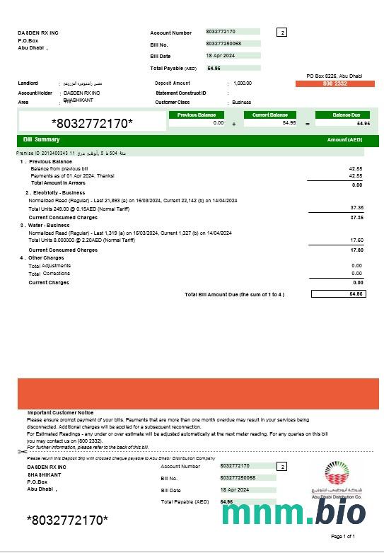 UAE ABU DHABI DISTRIBUTION 7 CO. rachunek za usługi komunalne Word i szablon PDF, Wersja 2